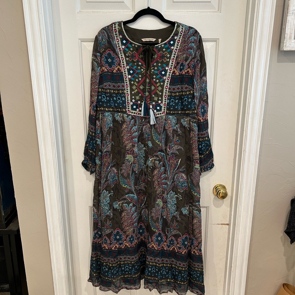 Soft Surroundings Olive Boho Midi Dress with Multicolor Embroidery